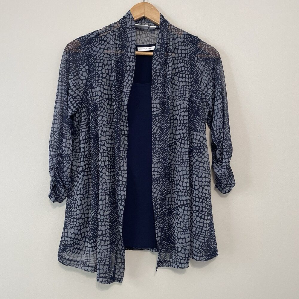 Susan Graver Liquid Knit Tank With Sheer Cardigan M Navy Blue Gray Office Casual